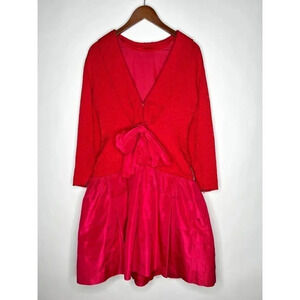 Guy Laroche Vintage 80s Dress Red Party Event Evening Bow Front Deep V Size 8